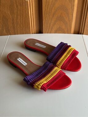 Tabitha Simmons Pleated Colorblock Slides EU 38 Ribbon Sandals Italy Luxe